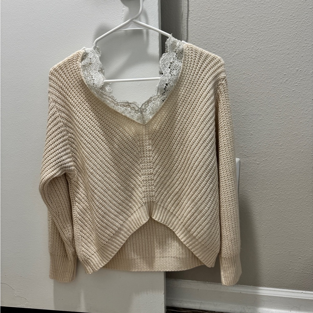 Casual Cream Sweater with Lace Detail
